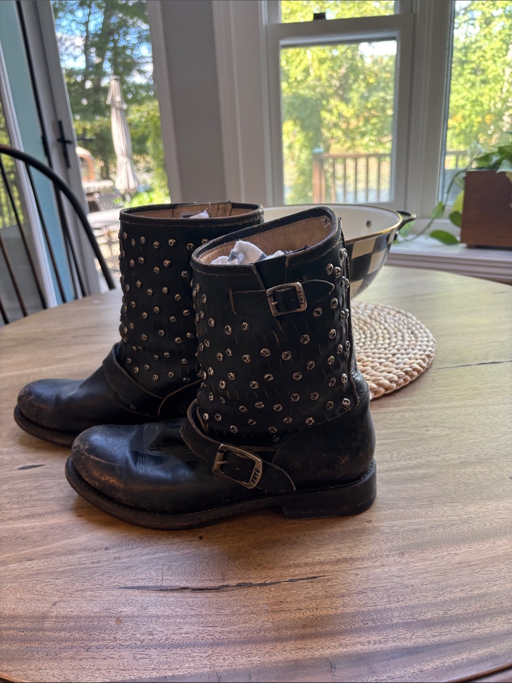 Frye Black Studded Leather Moto Boots